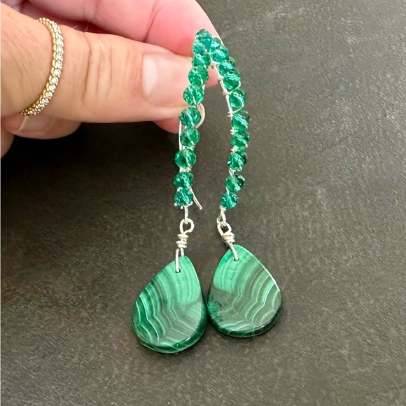 Malachite Earrings, Emerald Crystal, Sterling Silver, Handmade by Prairie Ice - Picture 5 of 10